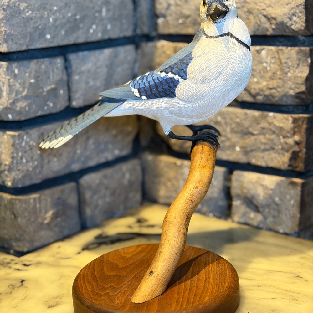 NS Hand-carved and Painted Blue Jay Bird Figurine on driftwood perch signed